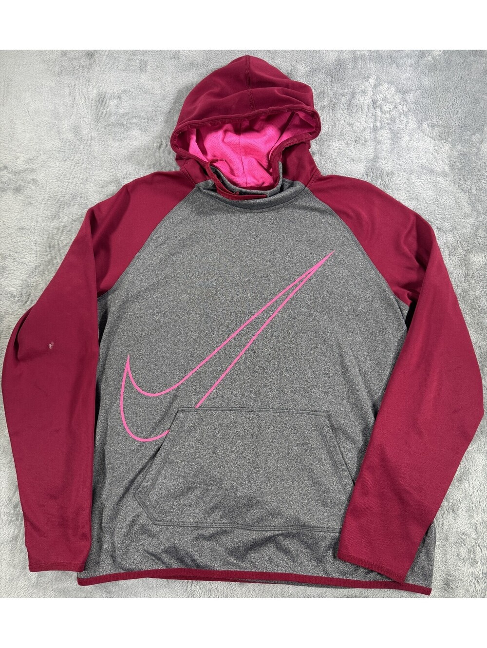 Nike Sweatshirt Womens Pull Over Hoodie Dri-Fit Front Pocket Size L Red Gray